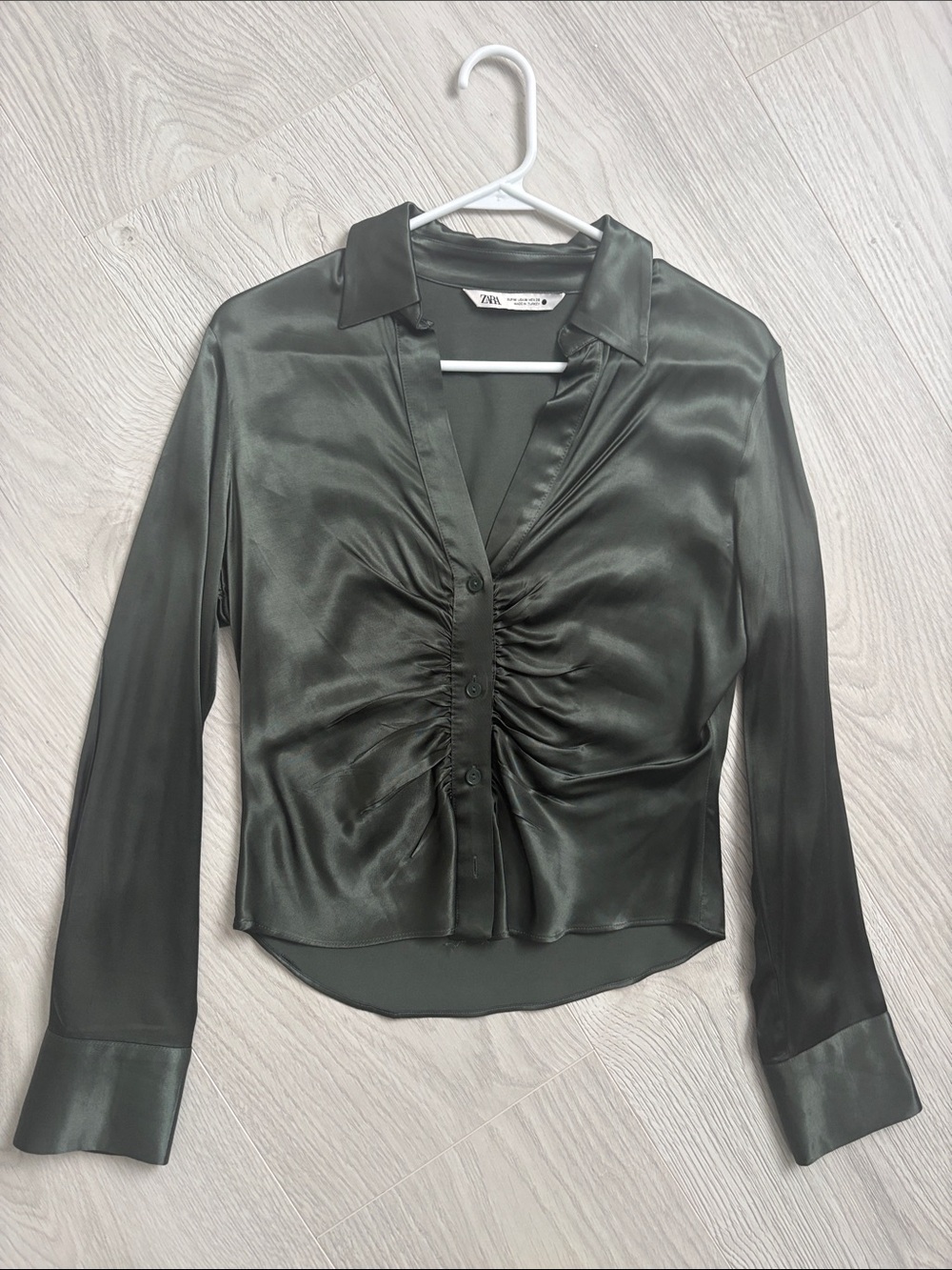 Zara Forest Green Satin Ruched Button-Down Shirt
